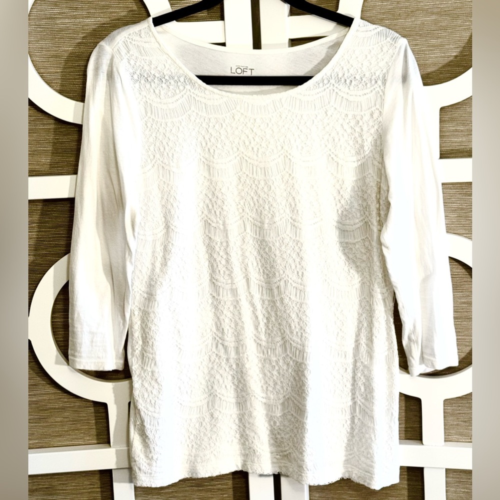 LOFT “Ivory” Cotton Lace 3/4 Sleeve Soft Tee SZ-M
